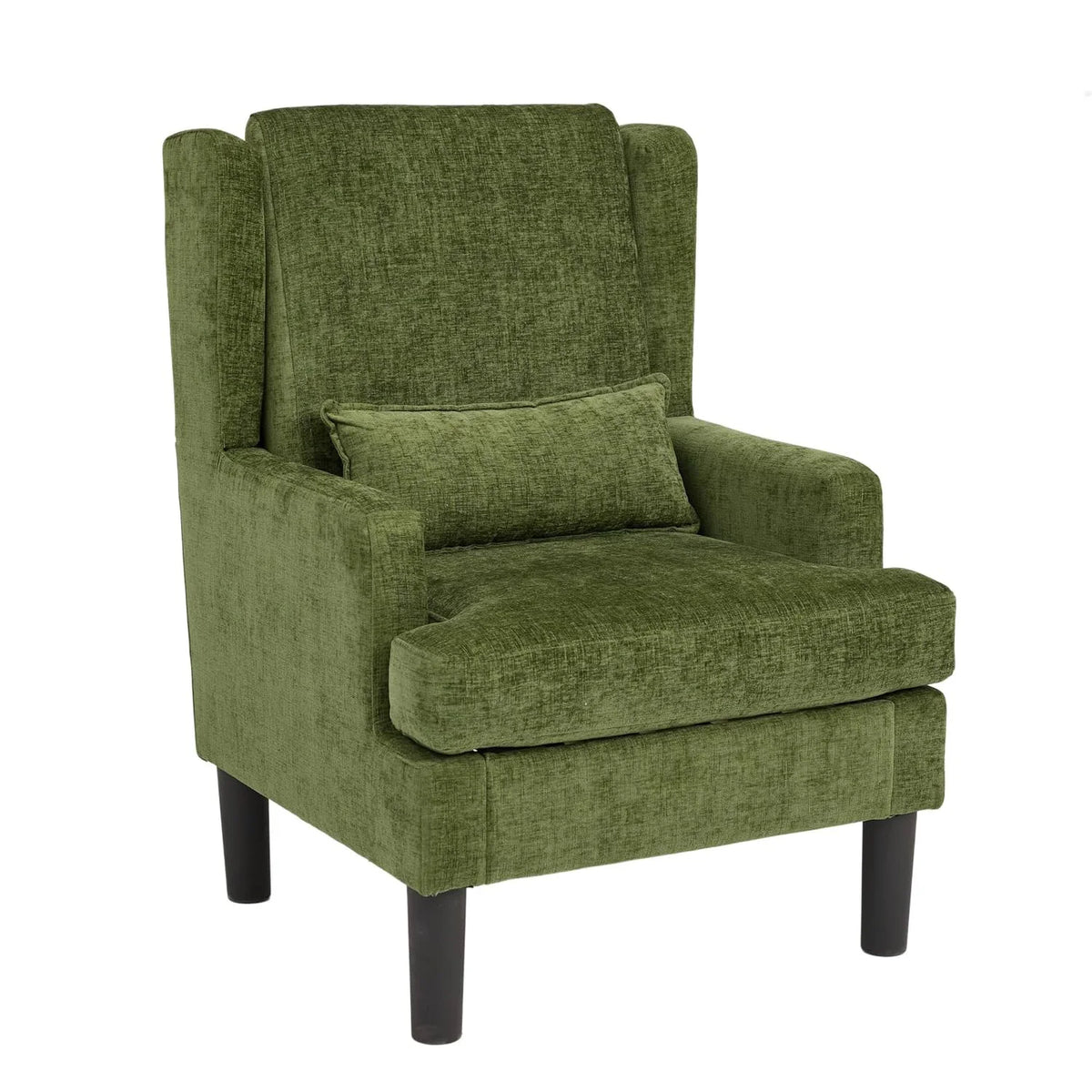 Mid Century Modern Wingback Accent Chair, Upholstered Chenille Reading Armchair With Lumbar Pillow, High Back, Wood Legs For Living Room