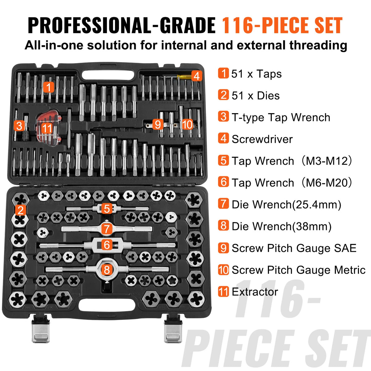 SucceBuy 116-Piece Tap and Die Set Include Metric and SAE Size Bearing Steel Taps and Dies Essential Threading Tool