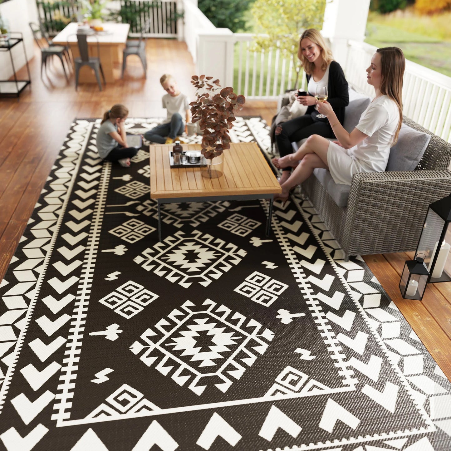Outdoor Rug, 9' x 18' Floor Mat, Black White Rhombus Patchwork