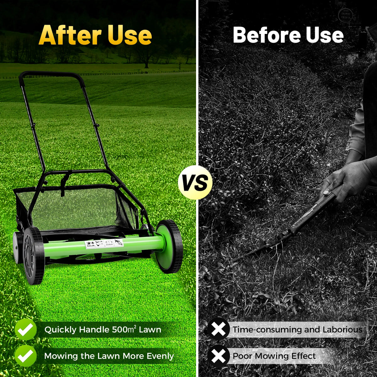 Push Reel Lawn Mower With Grass Catcher Adjustable Height