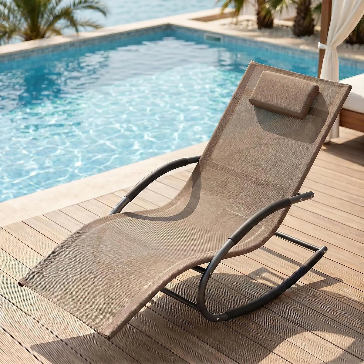 Outdoor Rocking Lounge Chair With Detachable Pillow, Patio Reclining Chaise Chair With Cushion For Porch Garden Lawn Deck Poolside