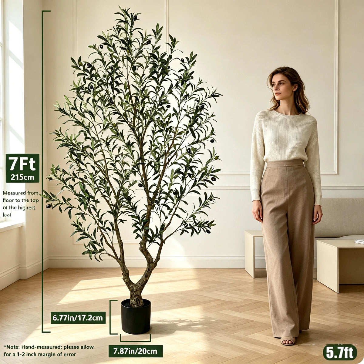 5/6/7/8FT Olive Tree Artificial Indoor Faux Olive Tree in Black Pot Fluffy Artificial Plants with Natural Wood Trunk and PE Lifelike Fruits for Home Bedroom Office Decor