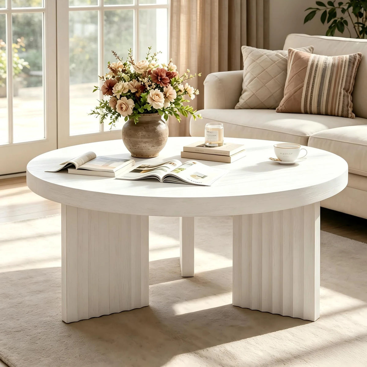 HiMISS Round Coffee Table With Fluted Legs