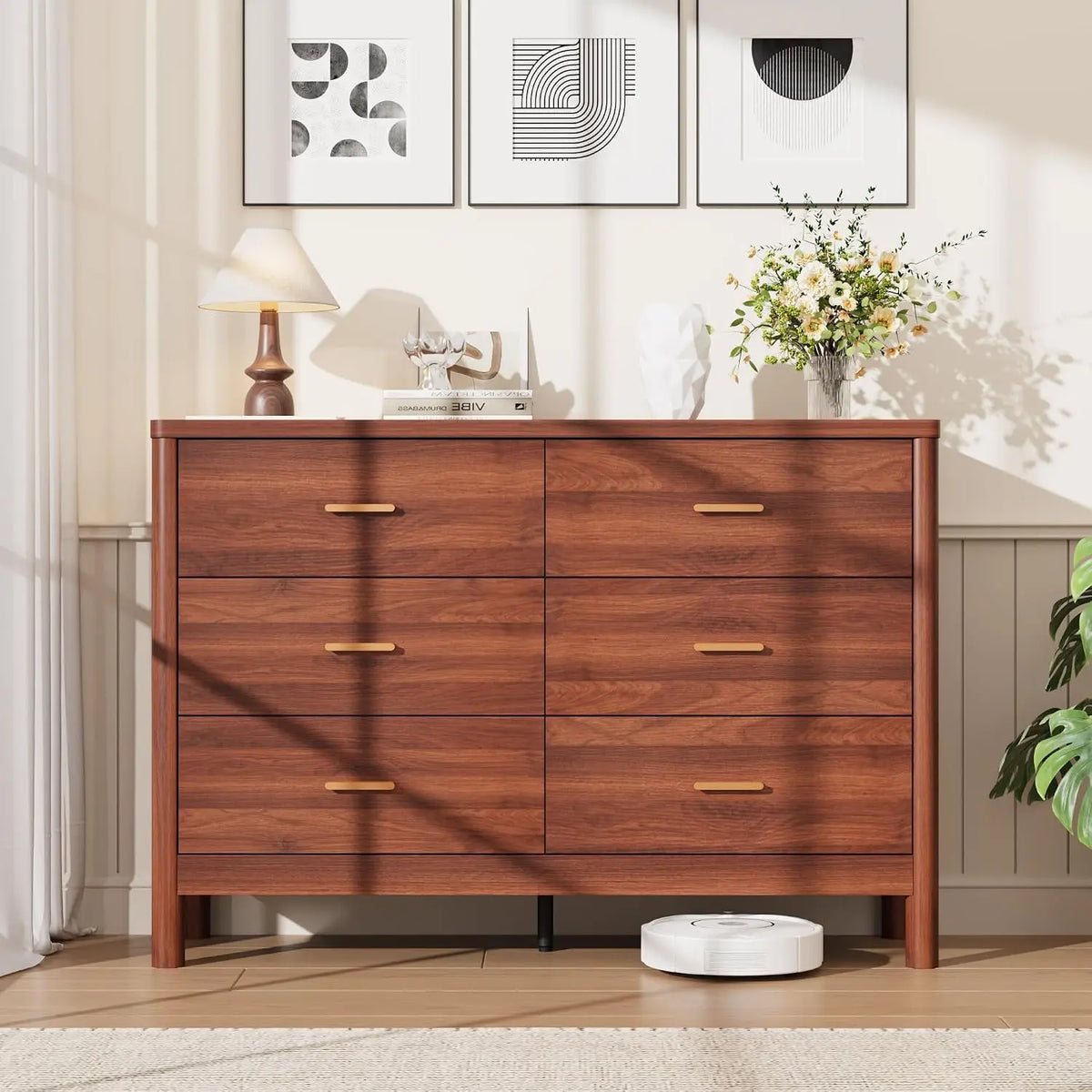 6 Drawer Dresser, Wooden Chest Of Drawers With Metal Handles, Freestanding TV Storage Cabinet For Bedroom, Living Room, Entryway