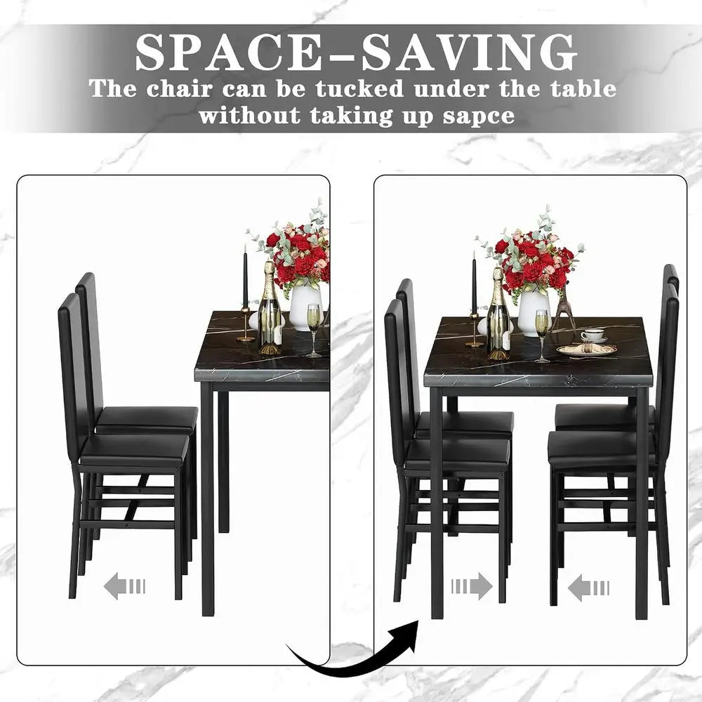 Dining Table Set or 4, ern aux Marble Kitchen Table with 4 PU Leather Chairs, 5 Piece Dining Room Sets or Dinette, Breakast Nook