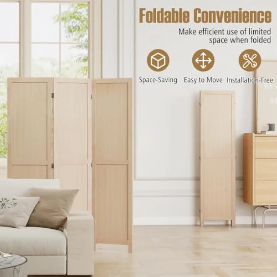 3 Panel Folding Room Divider for Bedroom Living Room Kitchen Home Office Restaurant, Rubber Wood, Natural Wood Color, Freestand