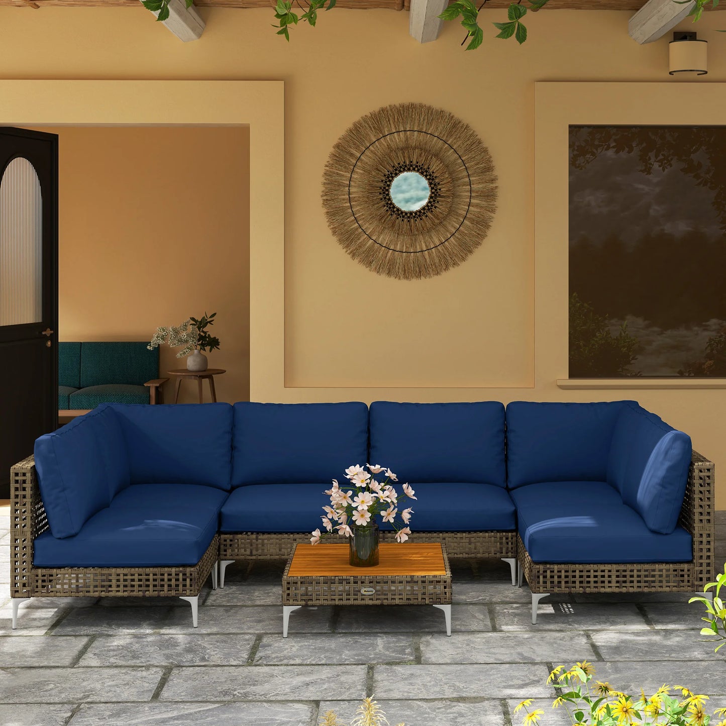 7 Piece Wicker Patio Furniture Set, Modular Outdoor Sectional Conversation Set with Thickened Cushions, Acacia Wood Table, Brown/Dark Blue