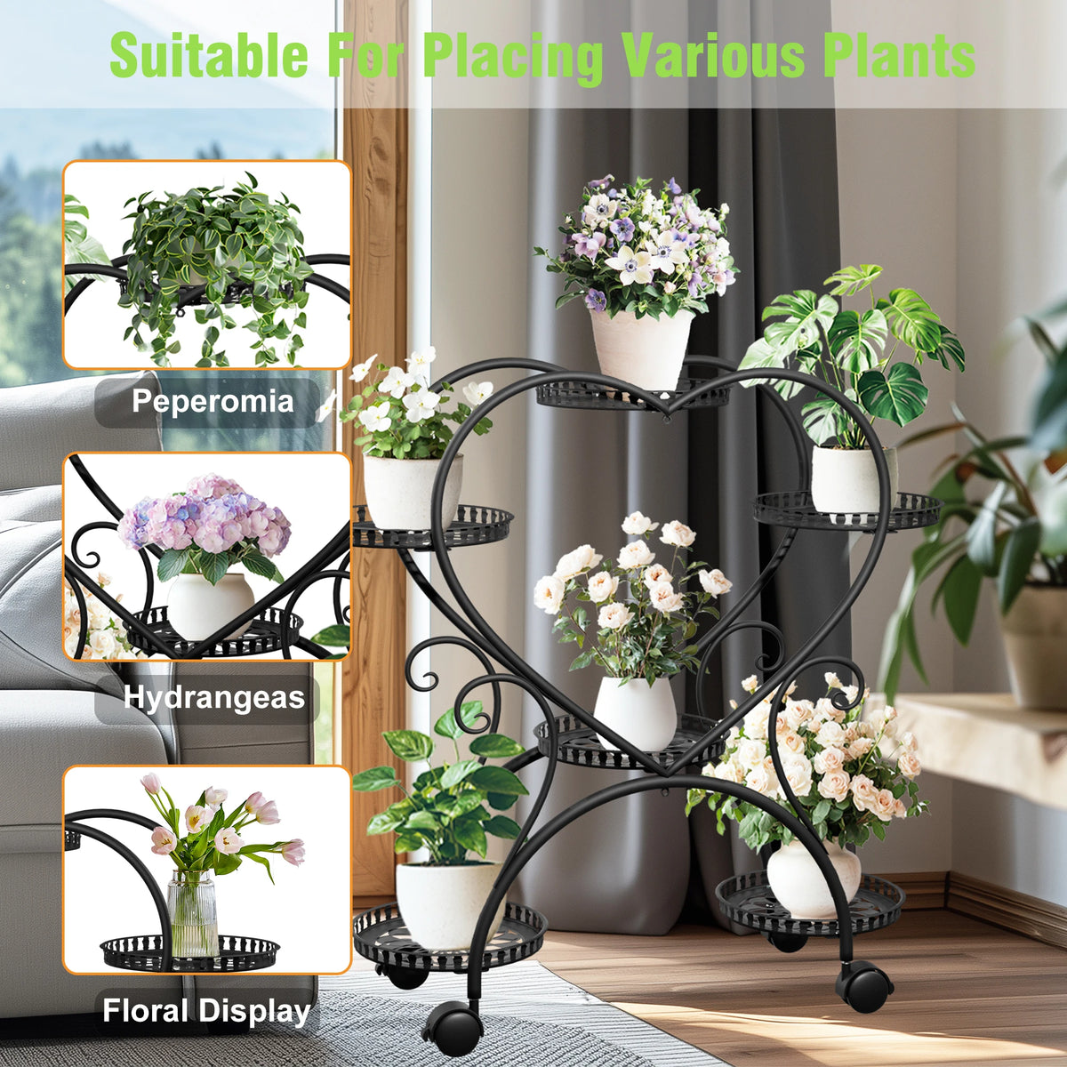 Wisfor 6 Tier Black Metal Heart Shape Plant Stand With Wheels