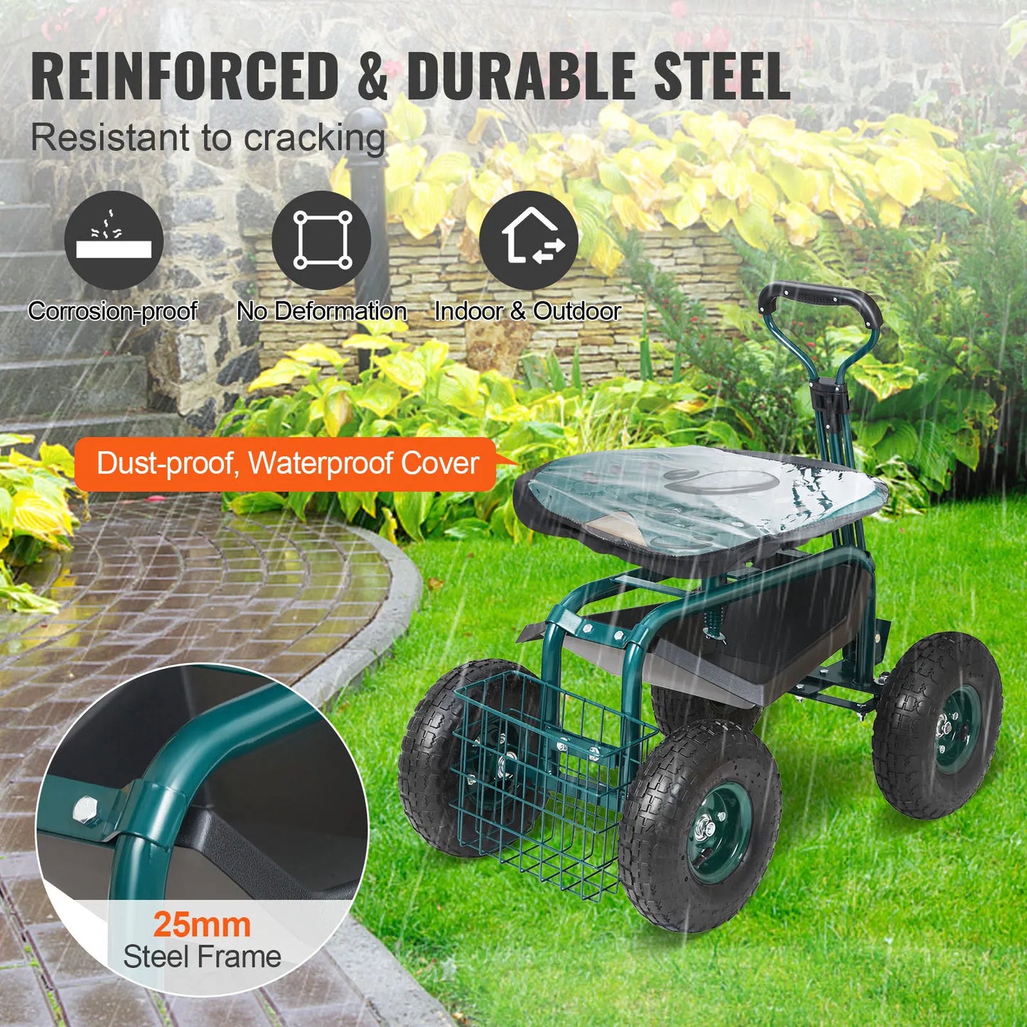 SucceBuy Garden Cart Rolling Workseat With Wheels Swivel