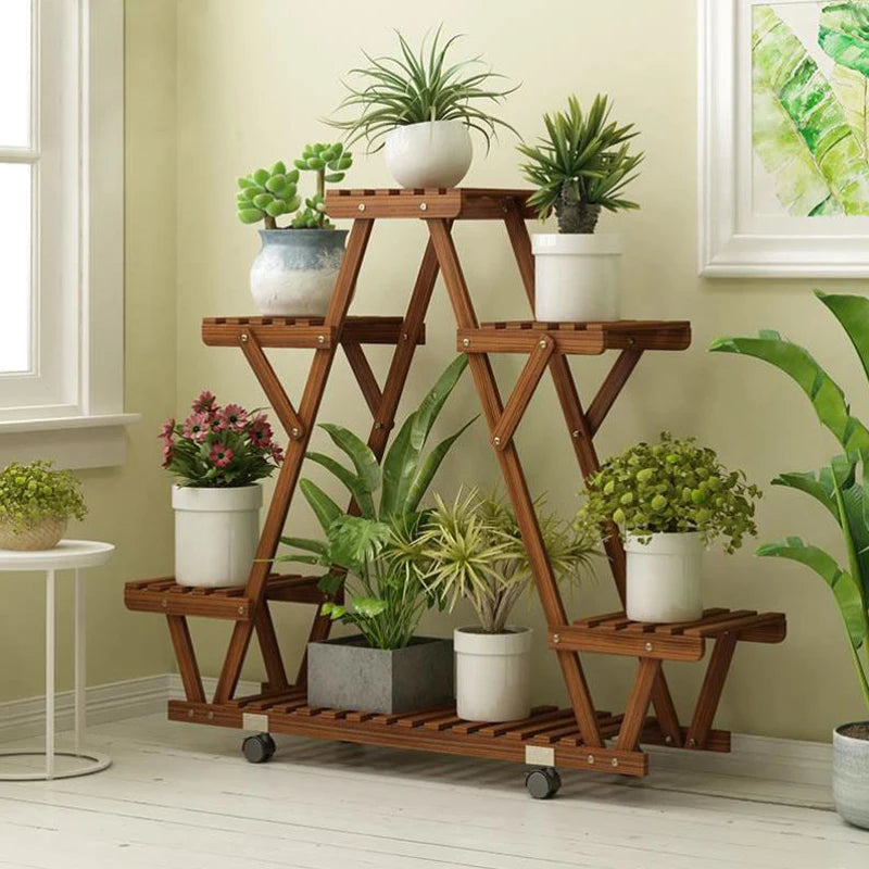 BINGOPAW 6 Tier Triangular Wood Plant Shelf With Wheels