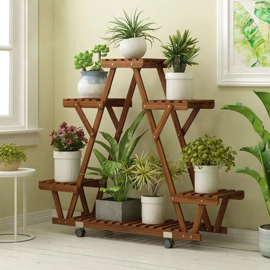 BINGOPAW 6 Tier Triangular Wood Plant Shelf With Wheels