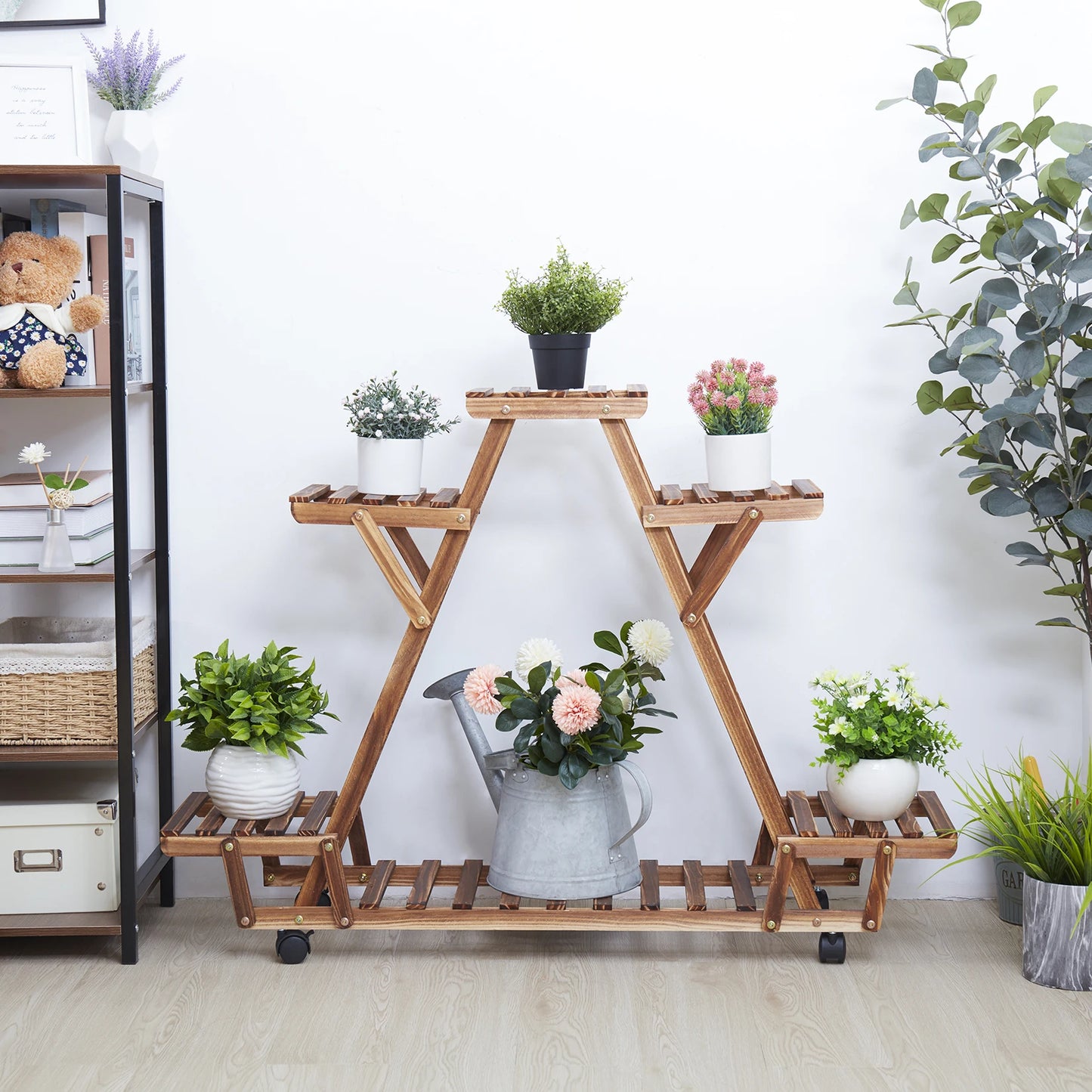 BINGOPAW 6 Tier Triangular Wood Plant Shelf With Wheels