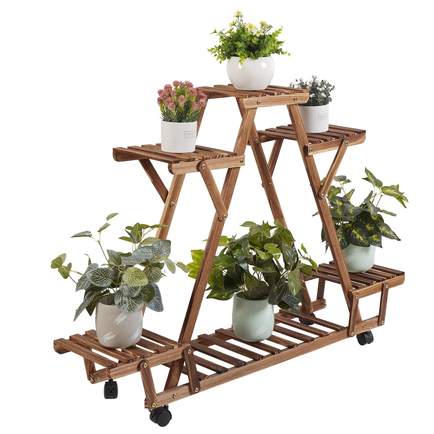 BINGOPAW 6 Tier Triangular Wood Plant Shelf With Wheels