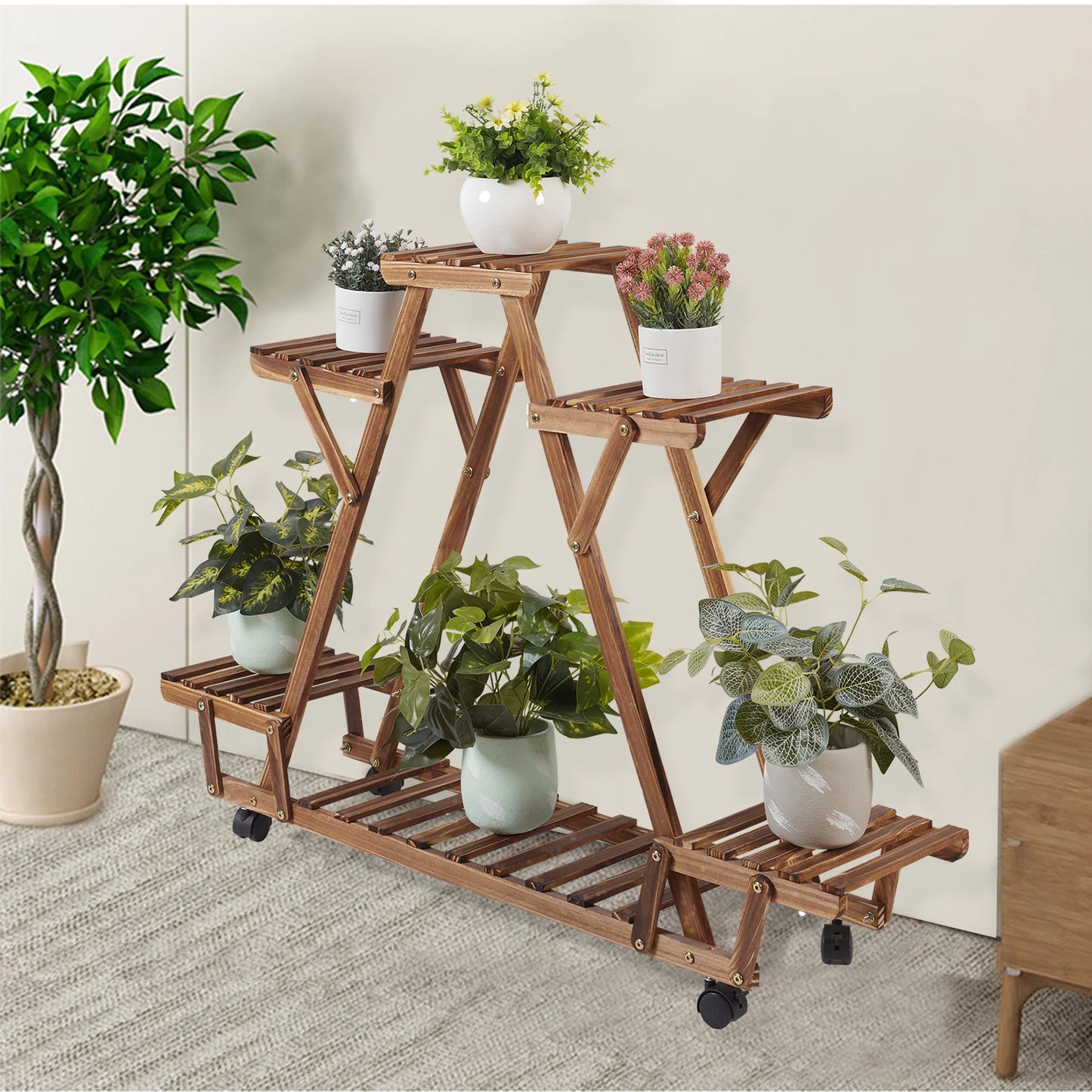 BINGOPAW 6 Tier Triangular Wood Plant Shelf With Wheels