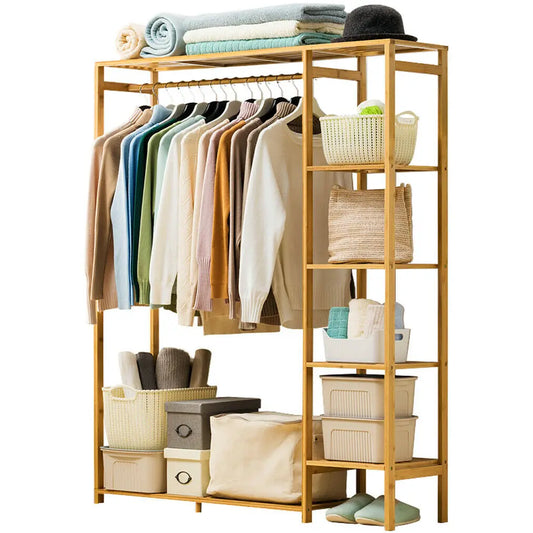 Bingopaw Bamboo Wood Garment Rack With Shelves