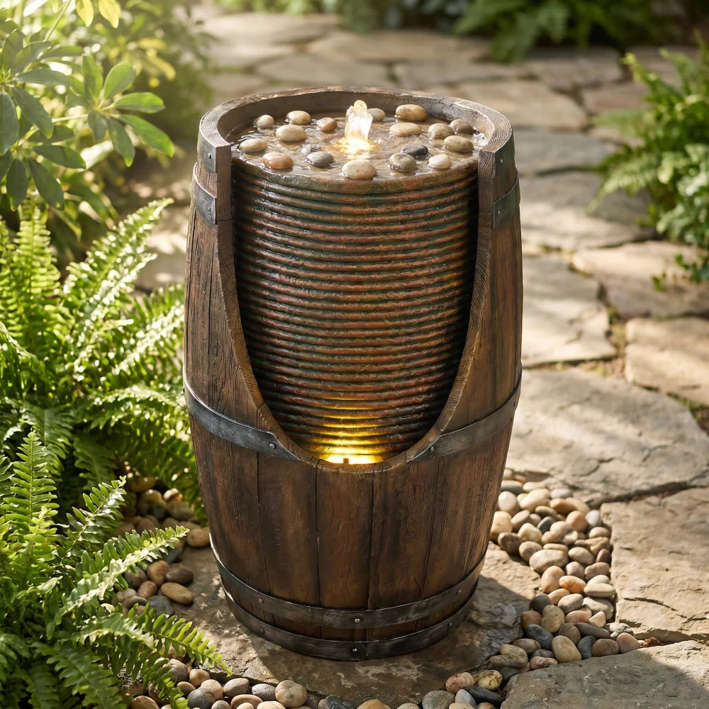 Rustic Resin Outdoor Barrel Water Fountain With Lights