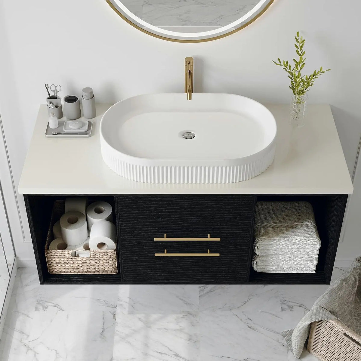 Modern Floating Vanity With Ceramic Sink And Wood Cabinet