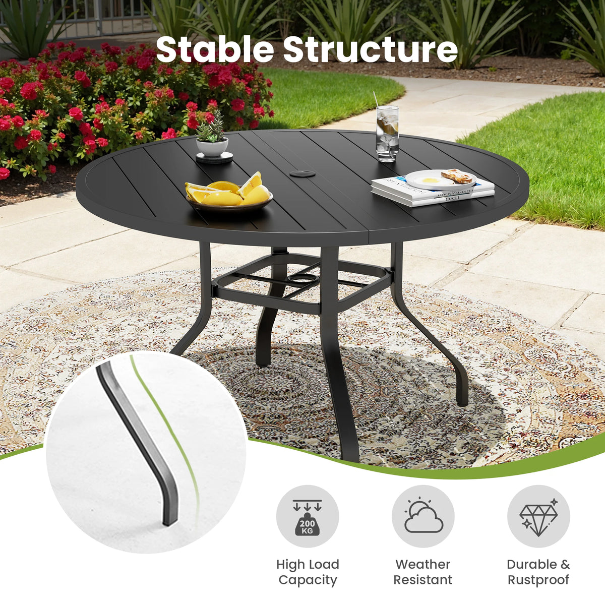 Farini Outdoor Round Patio Iron Dining Table Umbrella Hole