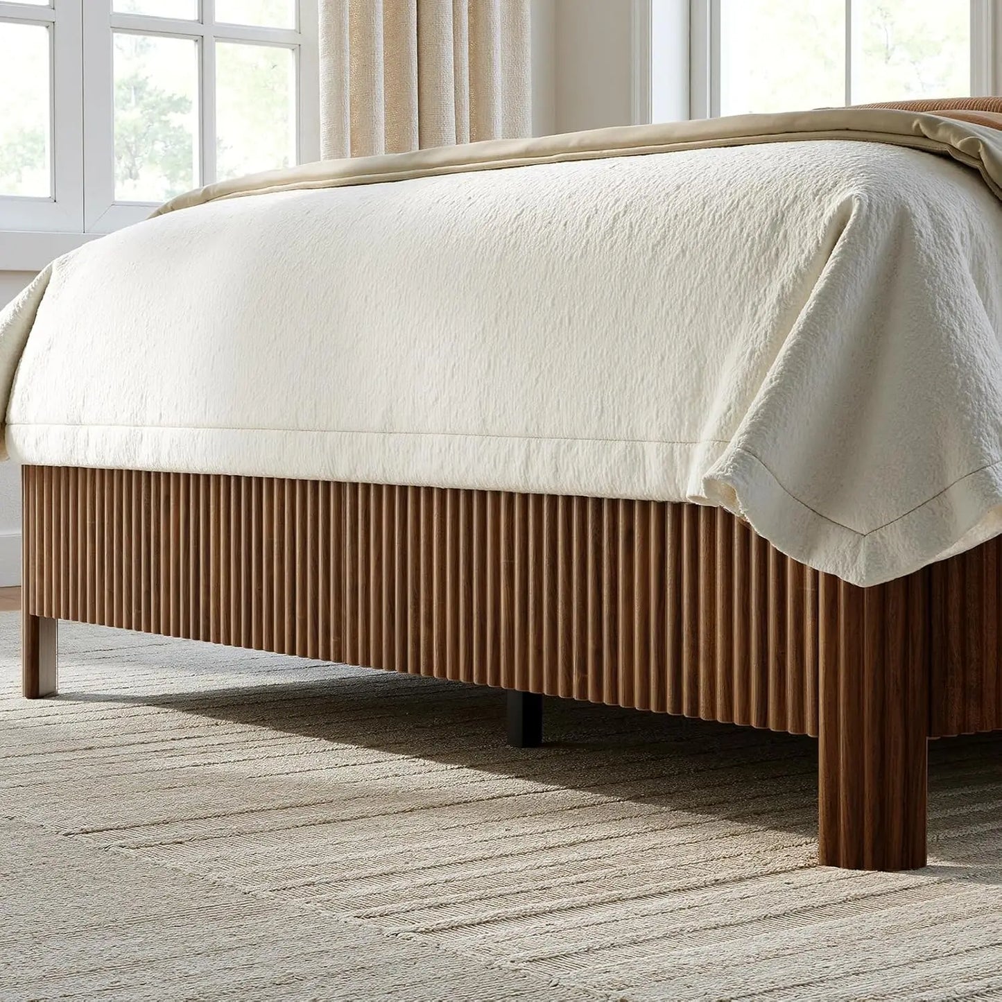 Walnut Platform Bed Frame Fluted Mid Century Modern