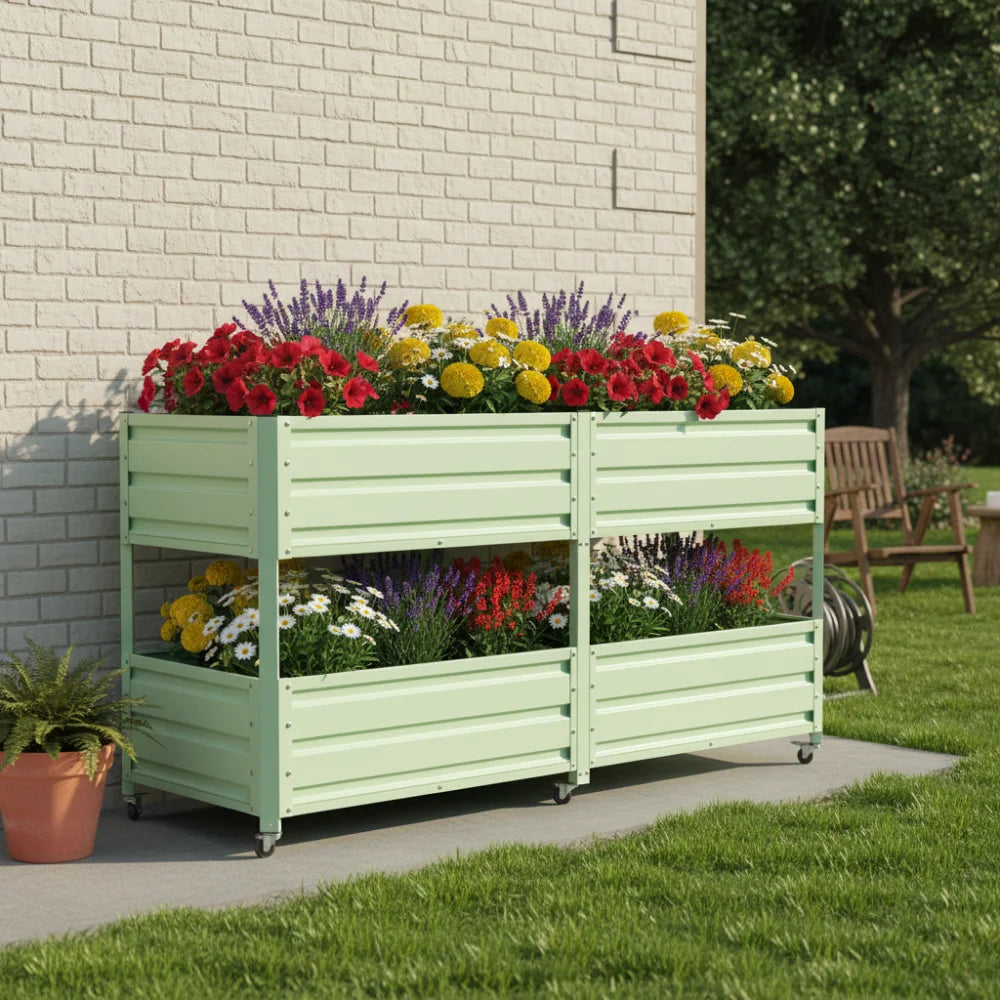 Green Double-layer Elevated Metal Garden Bed with Lockable Wheels, Staggered Double-layer Elevated Flower Pots for Vegetables, Herbs, and Flowers, Outdoor Courtyard and Backyard Green Planting Bed