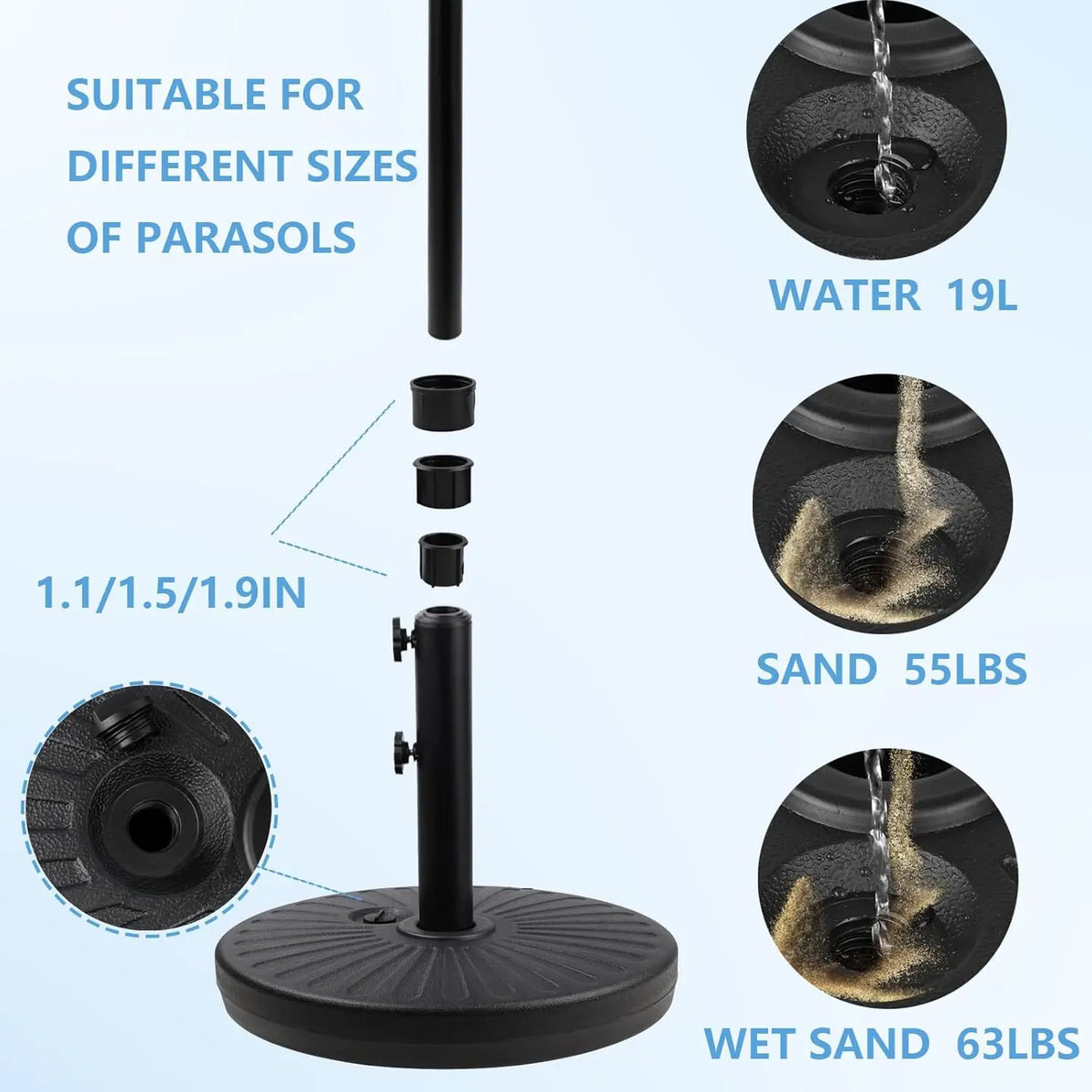 44BLS Outdoor Furniture Weighted Base - Adjustable Anti-Wind Sand/Water Fillable Anchor Stand for Patio Umbrella-Black