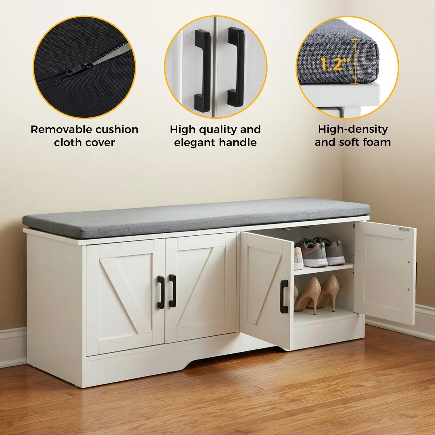 JHK Storage Bench Shoe Organizer Cabinet With Padded Seat