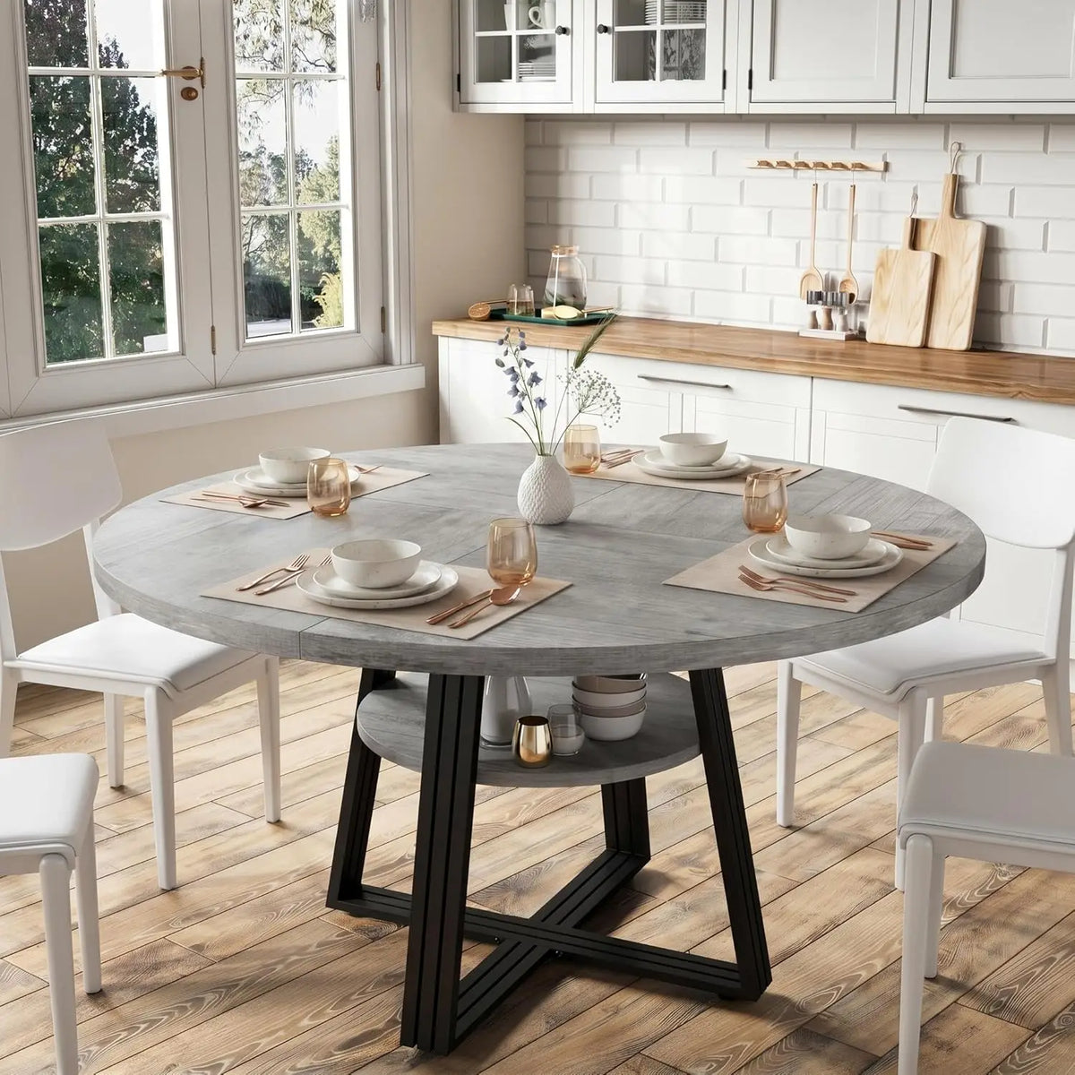 Farmhouse Round Dining Table 47 Inch, Scratch-Proof Wood Top Dinner Table with Under Table Open Storage Shelf, Reinforced Metal Cross Legs, Seats 4-6 for Kitchen Dining Room Small Apartment