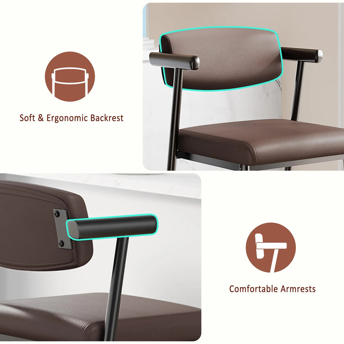 Set Of 4 Counter Height Bar Stools With Arms, Upholstered Back & Wide Seat, Metal Kitchen Island Bar Chairs With Footrest