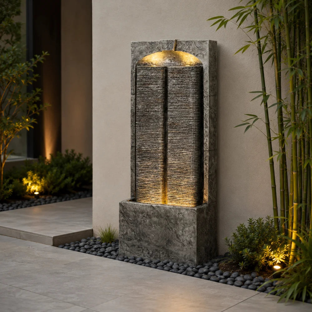 Resin Outdoor Cascading Water Fountain With Led Lights