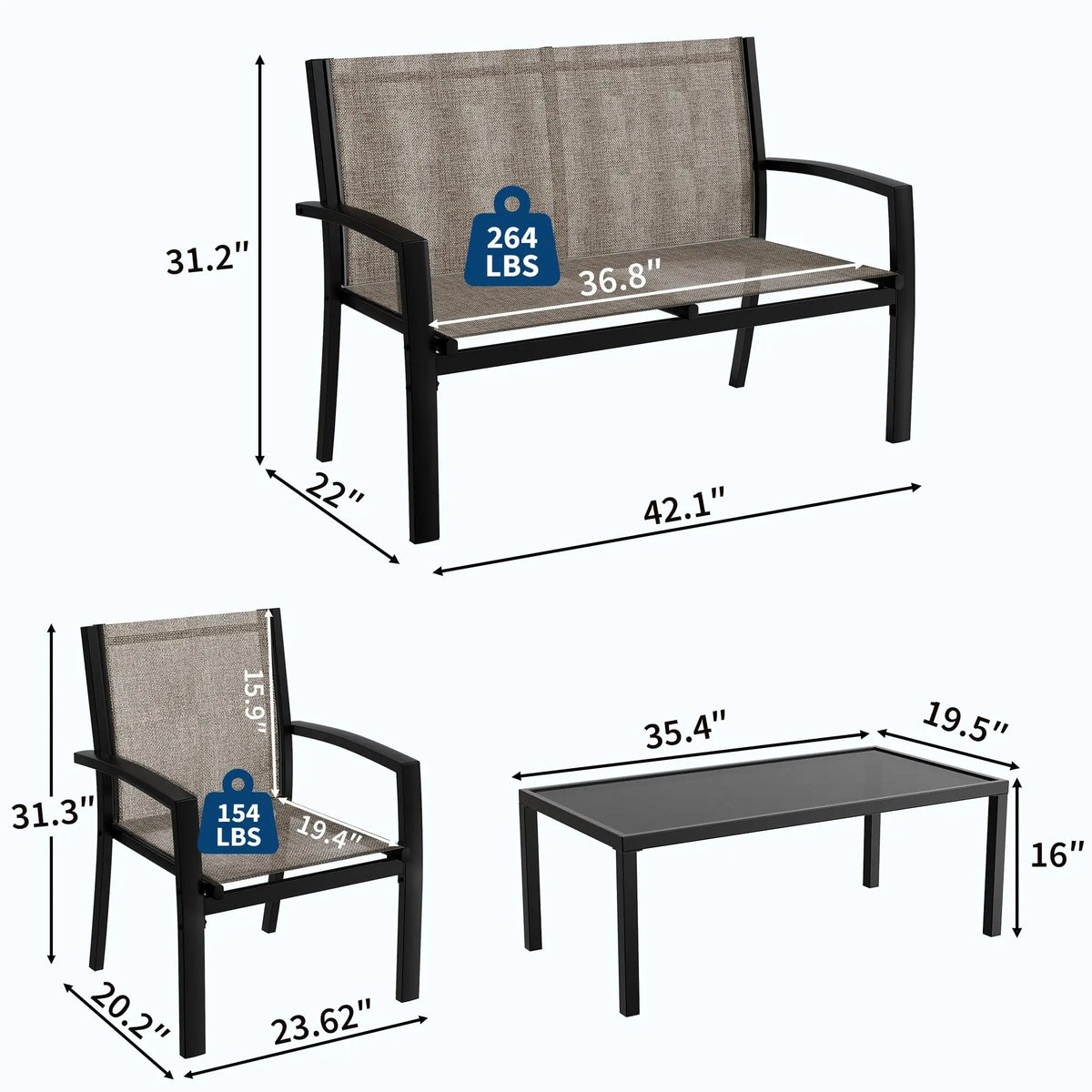 Modern 4 Piece Metal Patio Furniture Set Breathable Mesh Outdoor Loveseat & Chairs With Table For Deck Apartment Porch Backyard