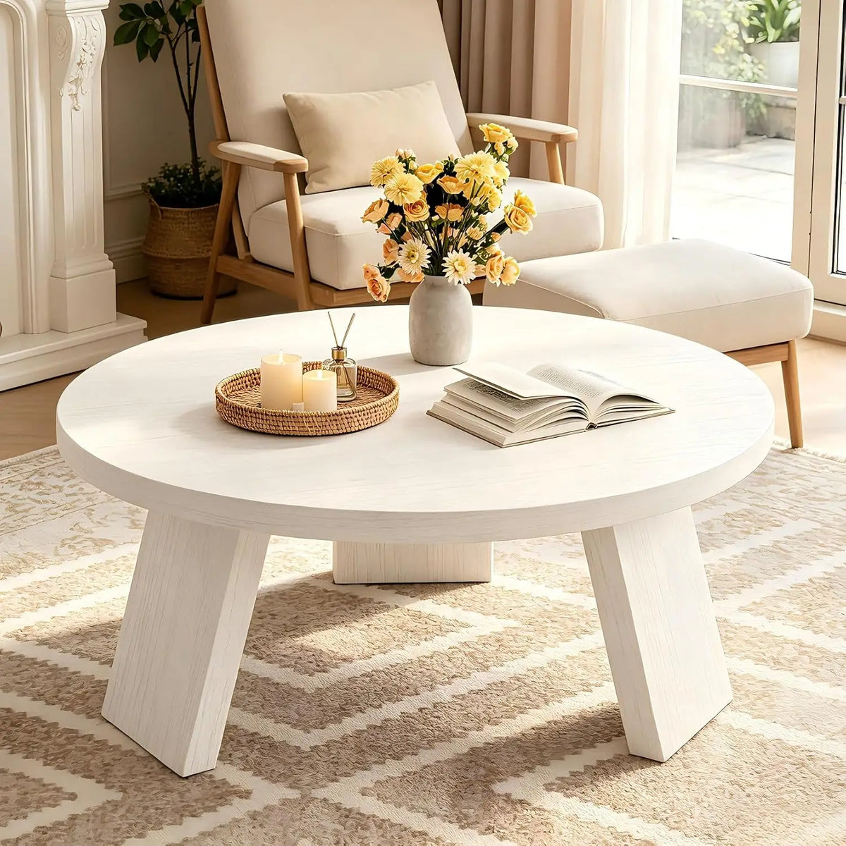 HiMiss Modern Round Coffee Table With Wood Grain Top
