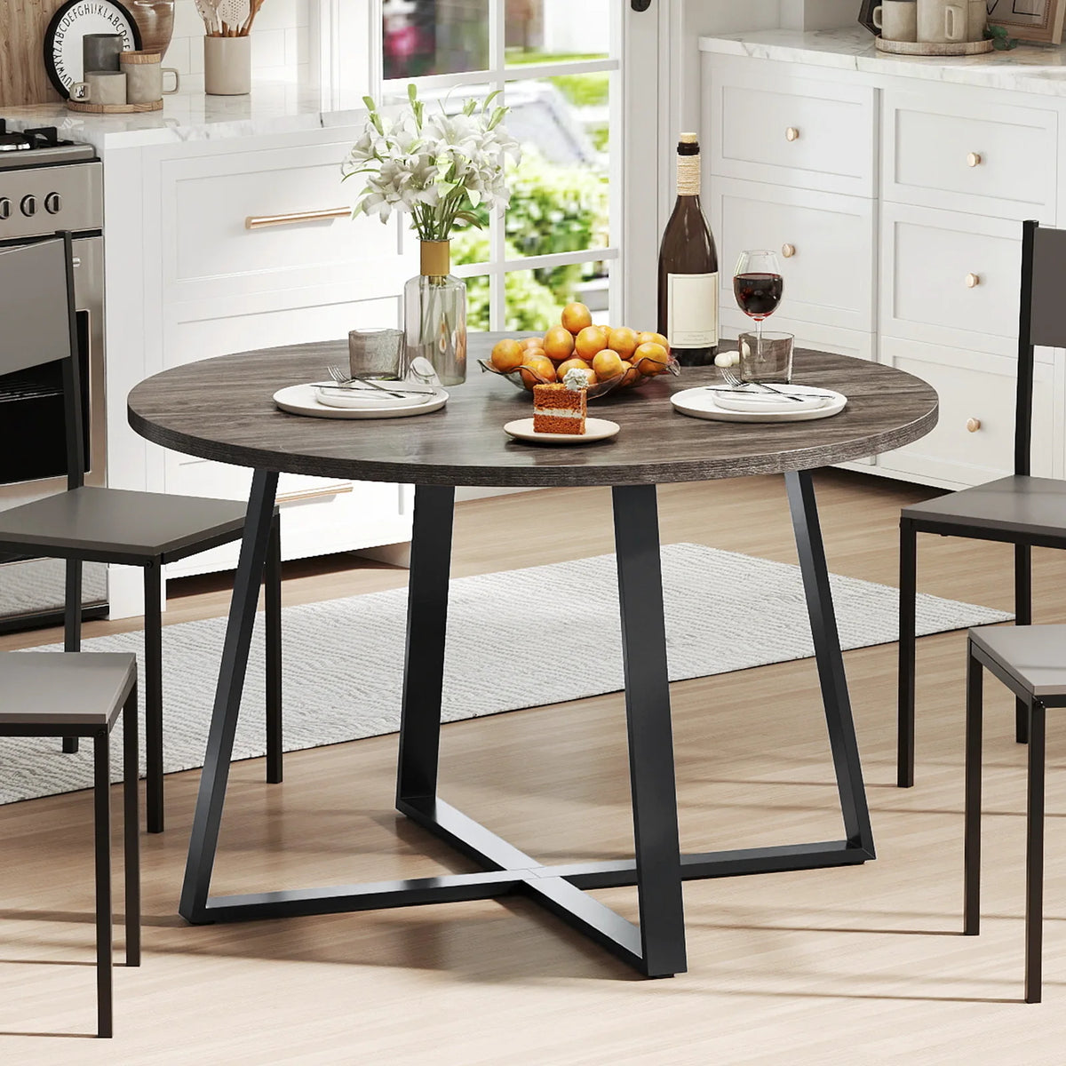 47” Round Dining Table w/ Metal Pedestal Base Stable X-shaped Base for Kitchen