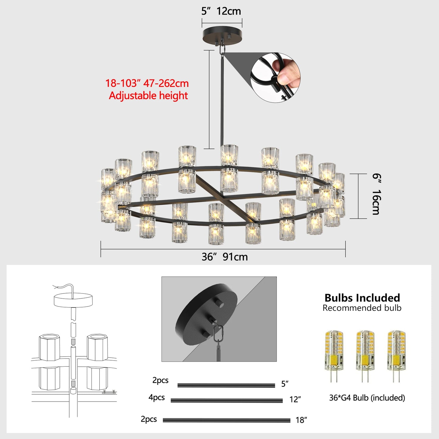 23.6 Inches Luxury Chandeliers Crystal Living Room Bedroom Decorative Lights Simple Modern Dining Room LED Lighting