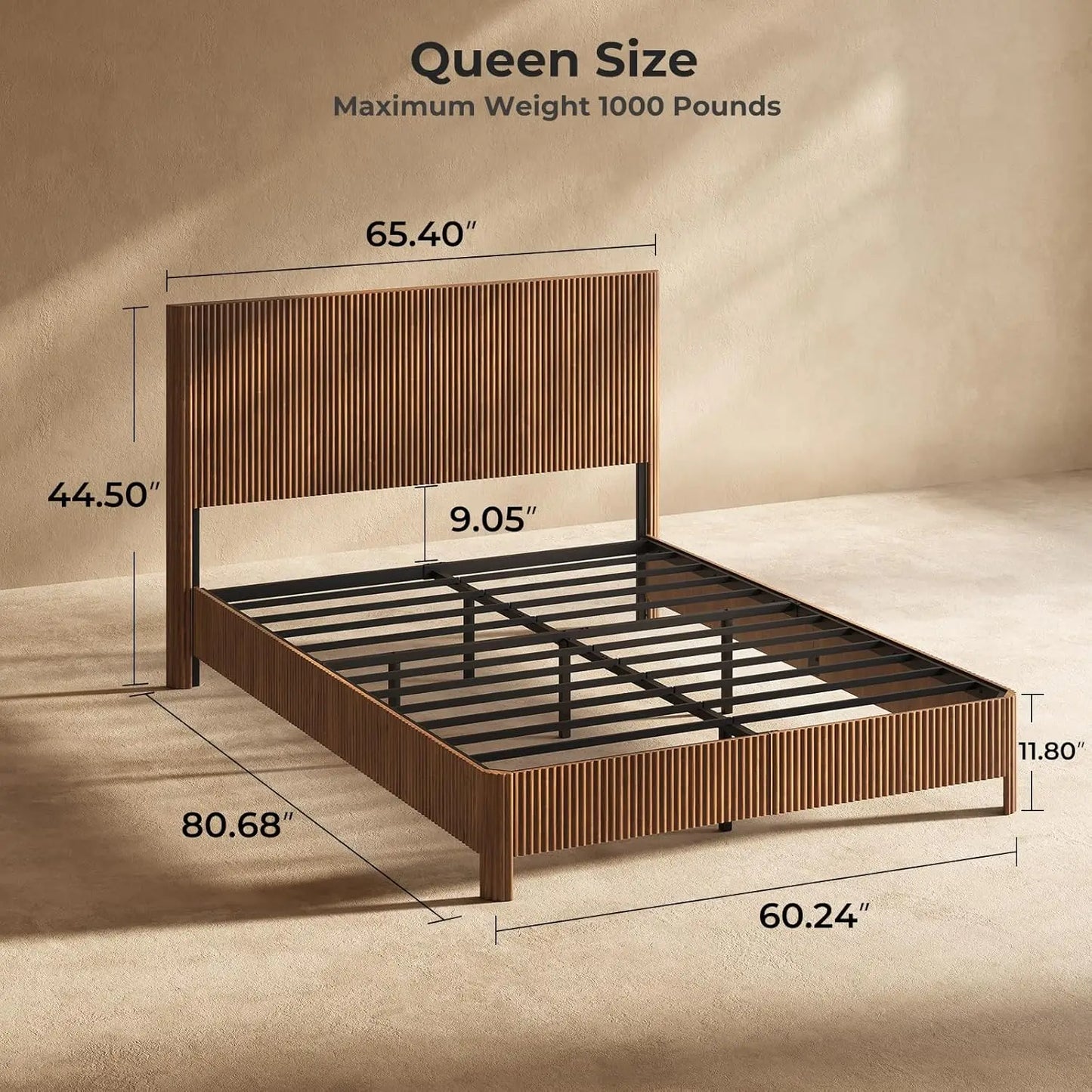 Walnut Platform Bed Frame Fluted Mid Century Modern