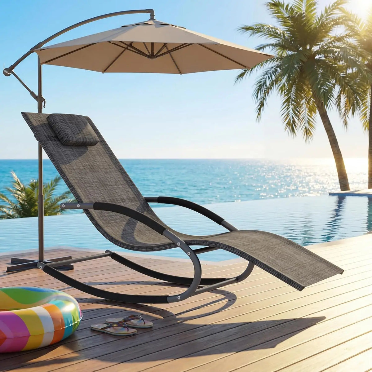 Outdoor Rocking Lounge Chair With Detachable Pillow, Patio Reclining Chaise Chair With Cushion For Porch Garden Lawn Deck Poolside