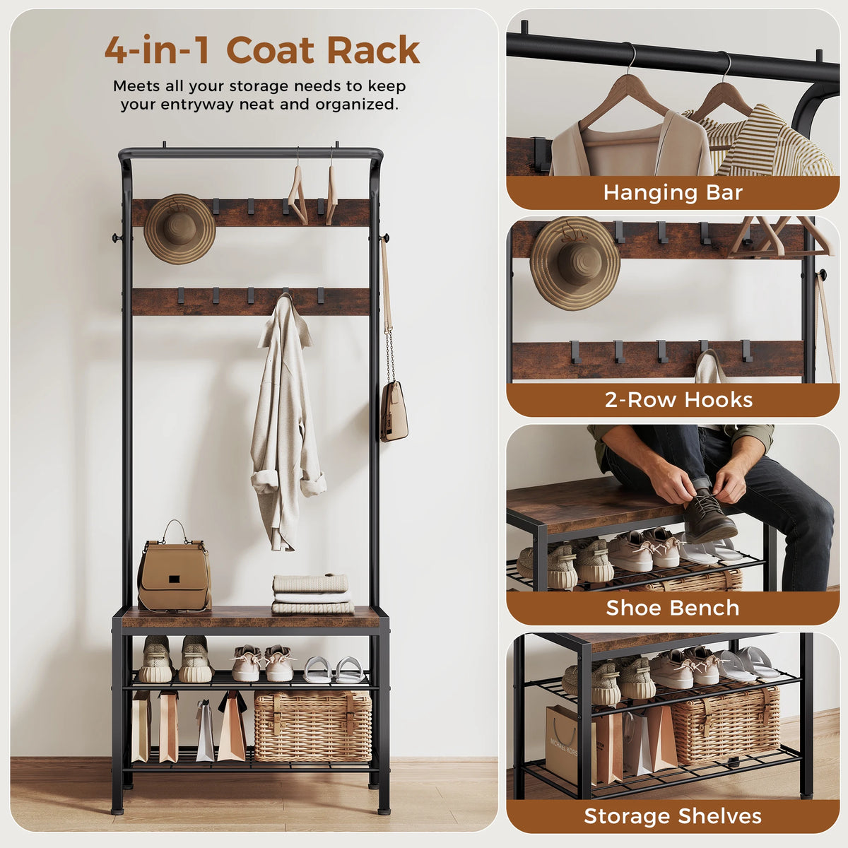 JHK 4-In-1 Coat Rack With Shoe Bench Organizer