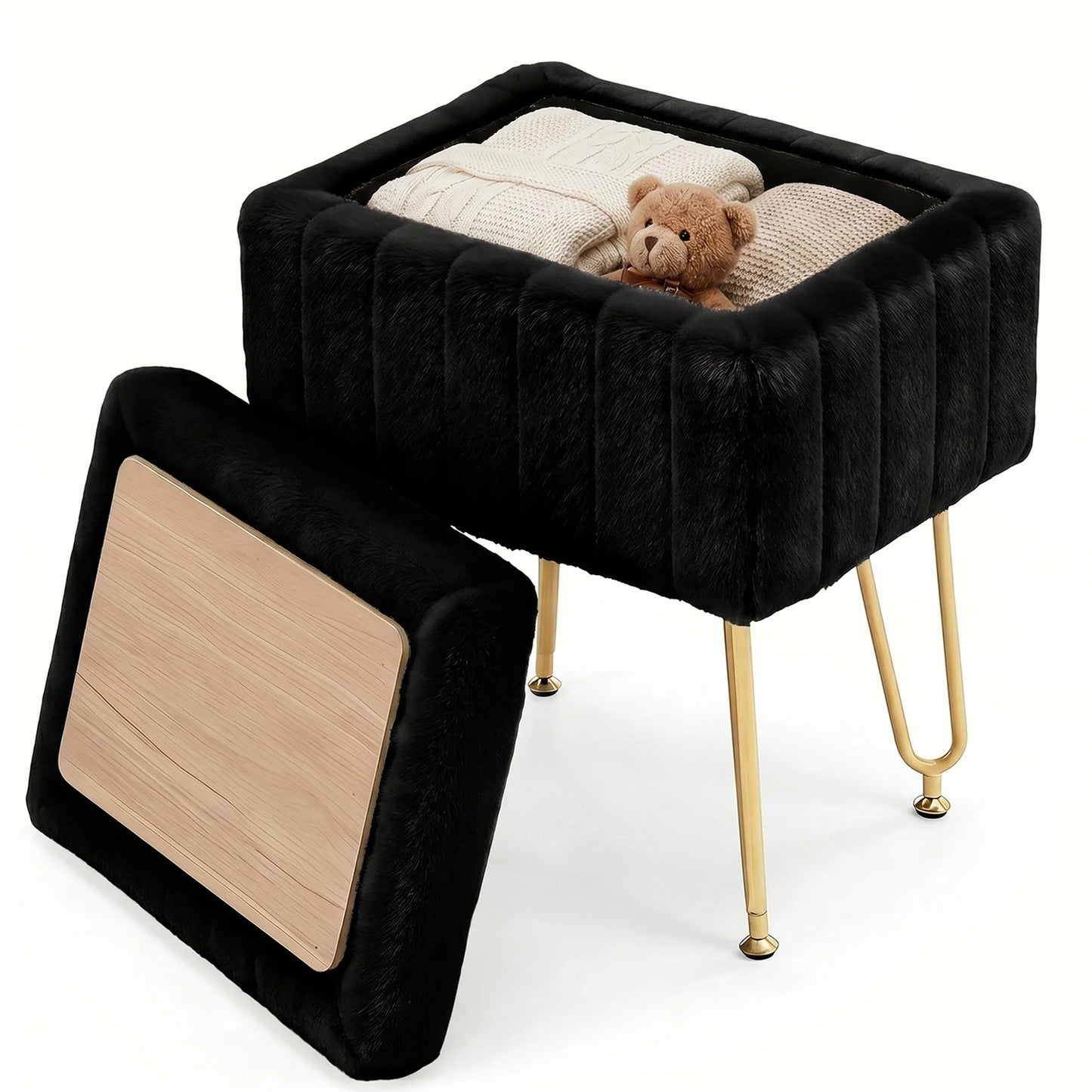 JHK Ottoman Faux Fur Vanity Stool With Storage