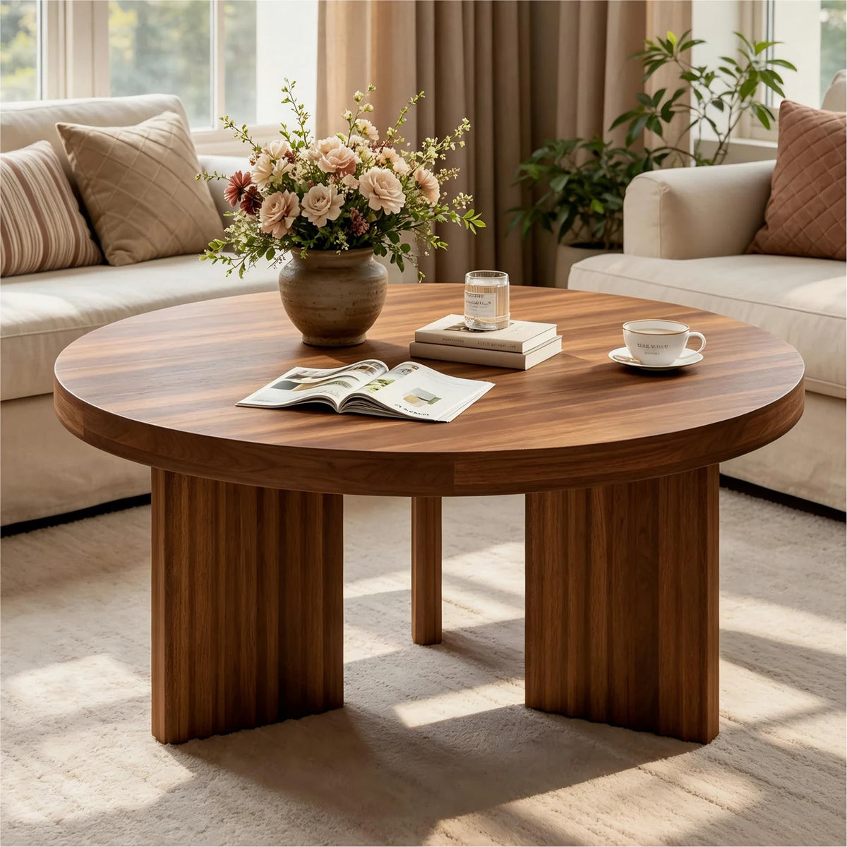 HiMISS Round Coffee Table With Fluted Legs