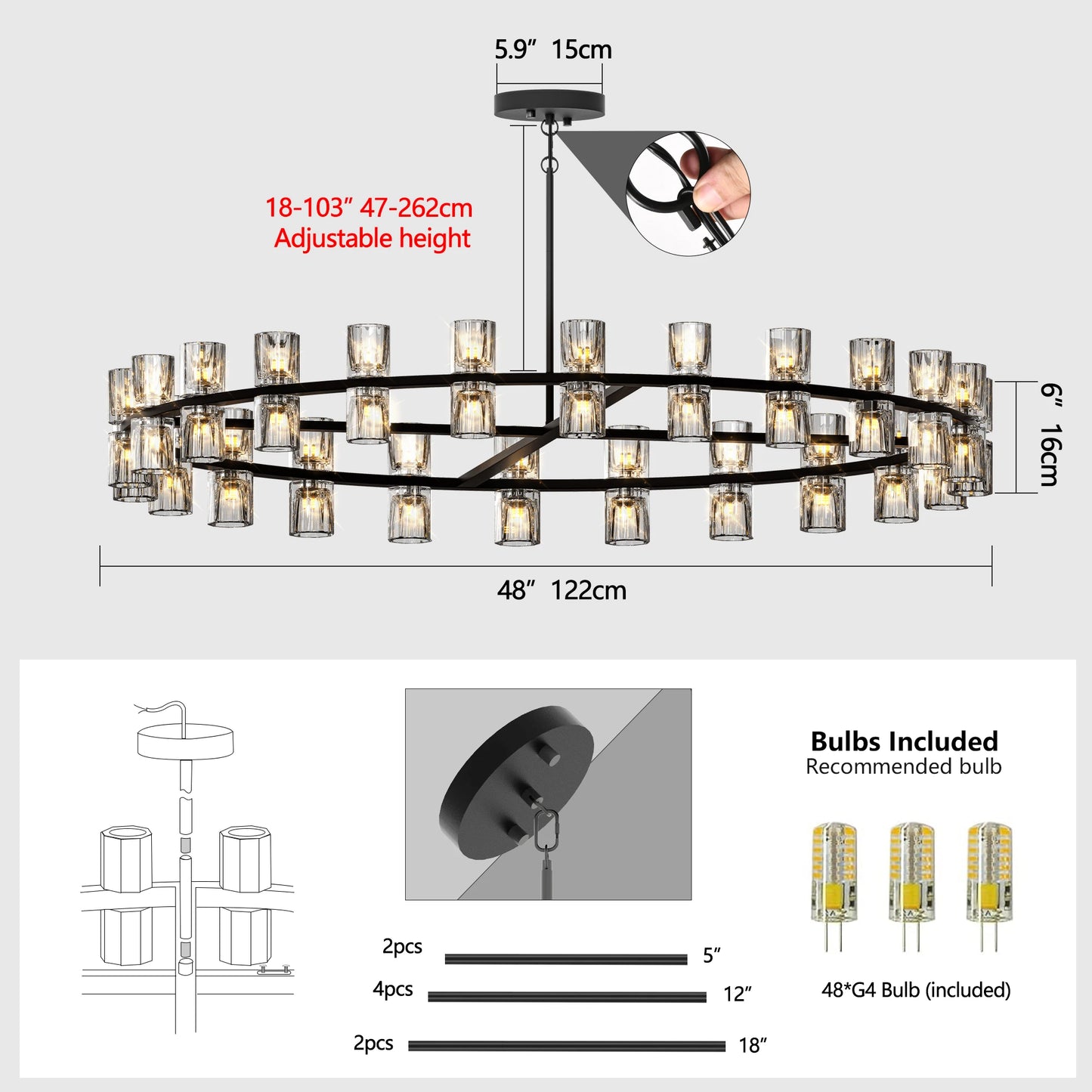 23.6 Inches Luxury Chandeliers Crystal Living Room Bedroom Decorative Lights Simple Modern Dining Room LED Lighting