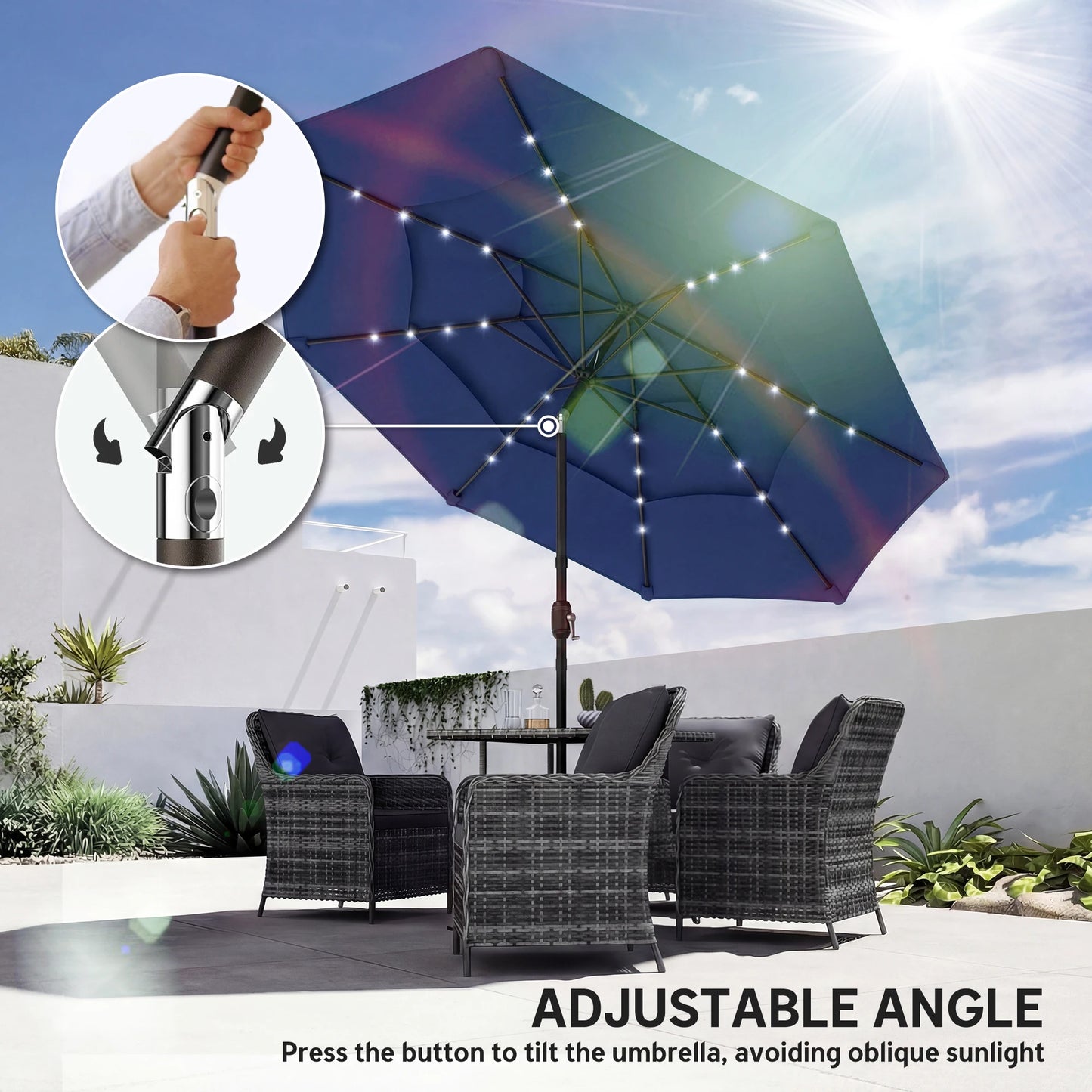 9.7 ft Outdoor Patio Umbrella with Lights, Navy Blue
