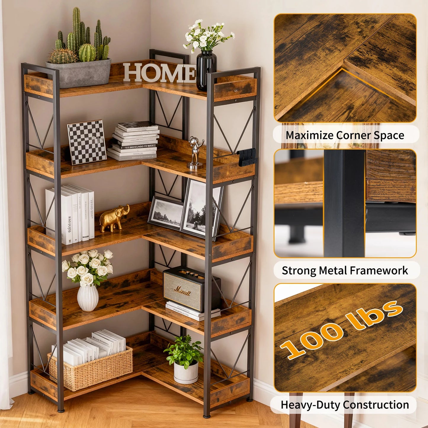 MCQ 5-Tier L-Shape Corner Bookshelf Metal Frame