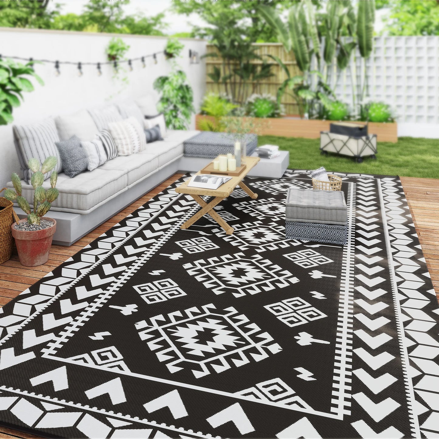 Outdoor Rug, 9' x 18' Floor Mat, Black White Rhombus Patchwork