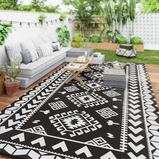 Outdoor Rug, 9' x 18' Floor Mat, Black White Rhombus Patchwork
