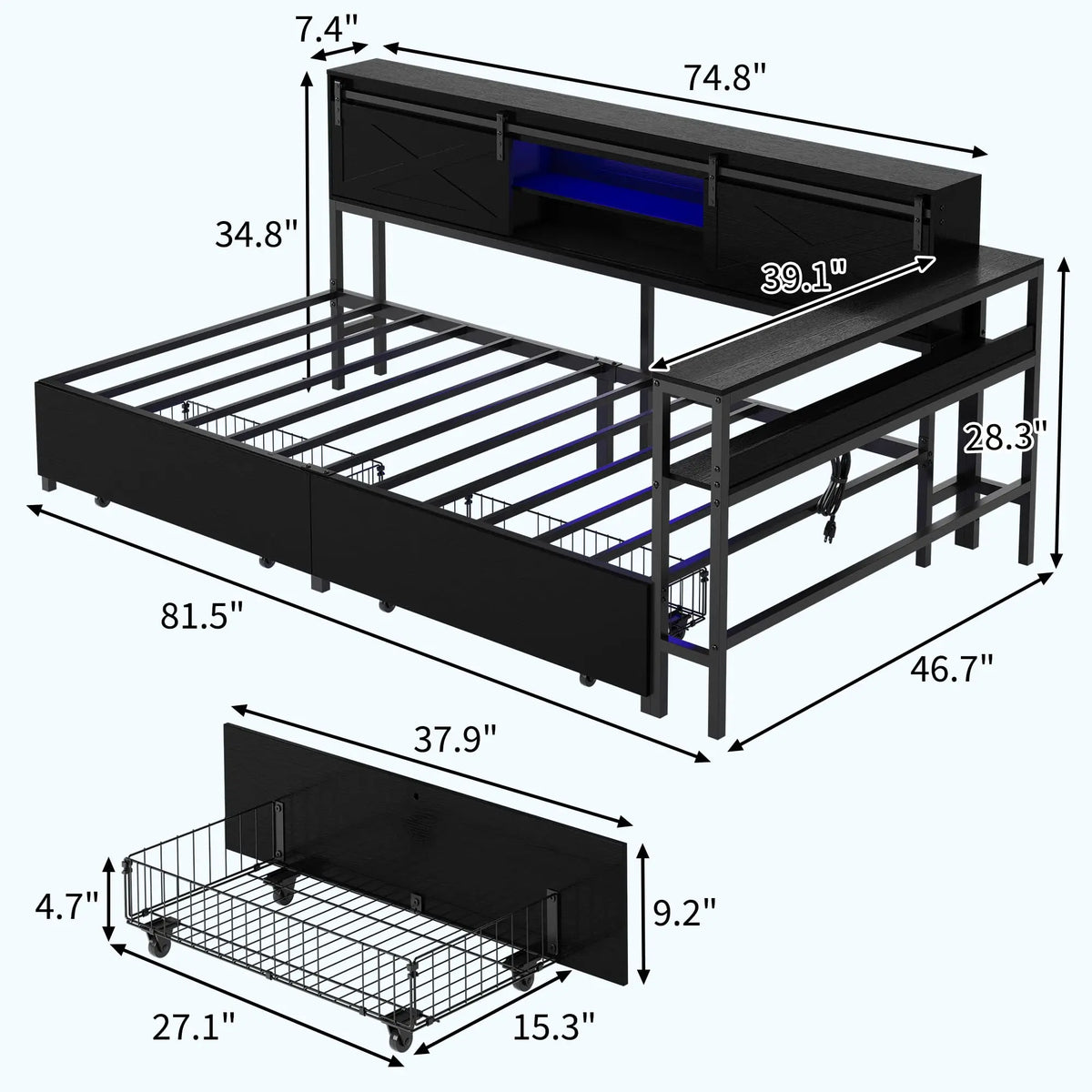HiMISS Corner Bed Frame With Desk And LED Lights