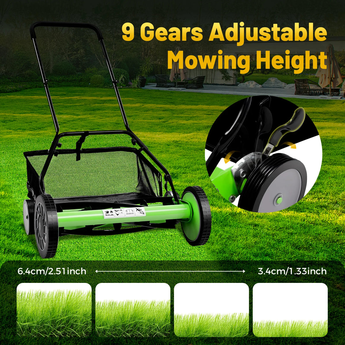 Push Reel Lawn Mower With Grass Catcher Adjustable Height