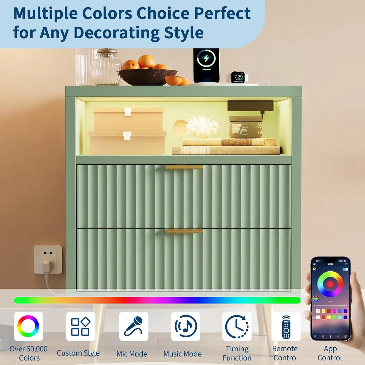 Garvee LED Nightstand With Charging Station And Two Drawers