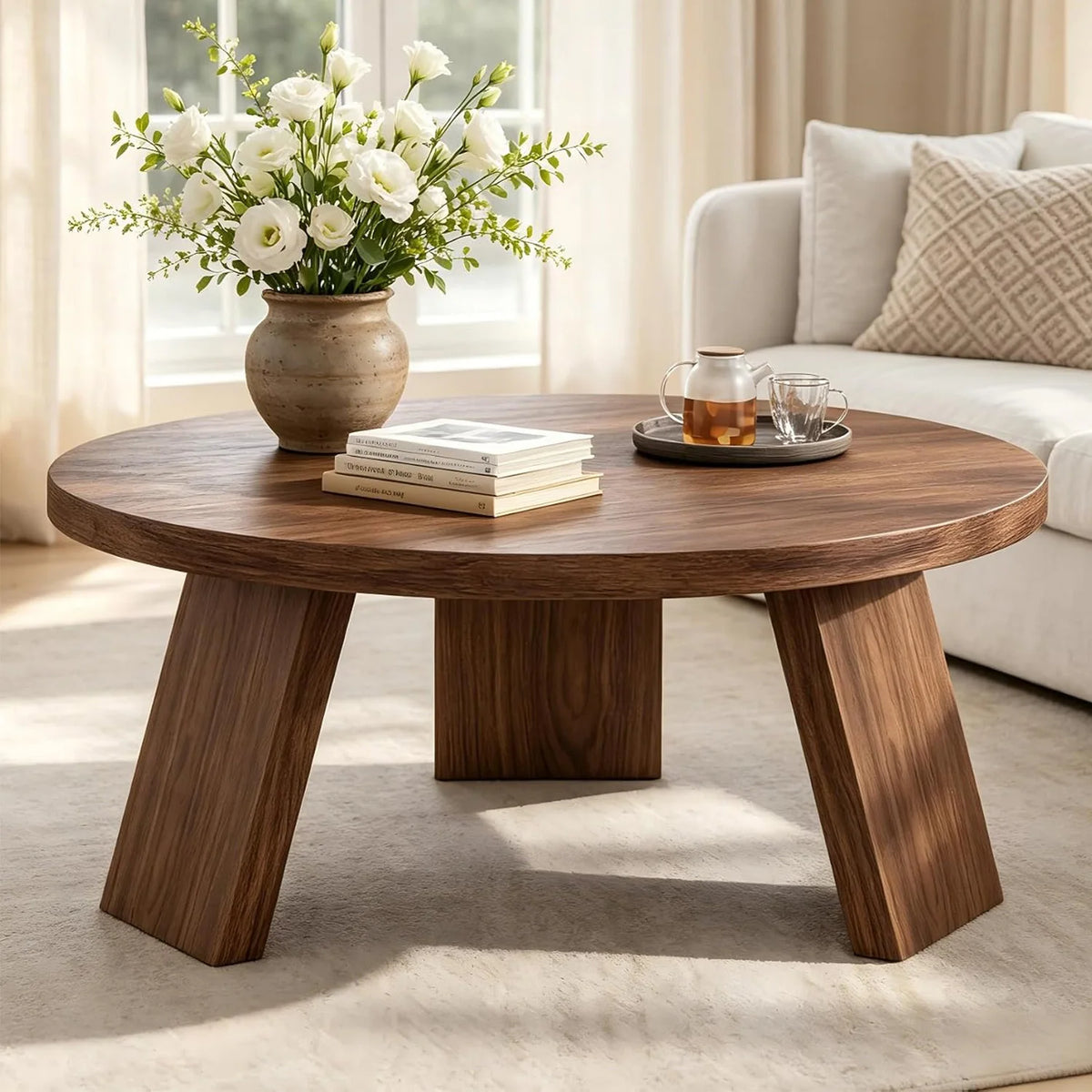 HiMiss Modern Round Coffee Table With Wood Grain Top