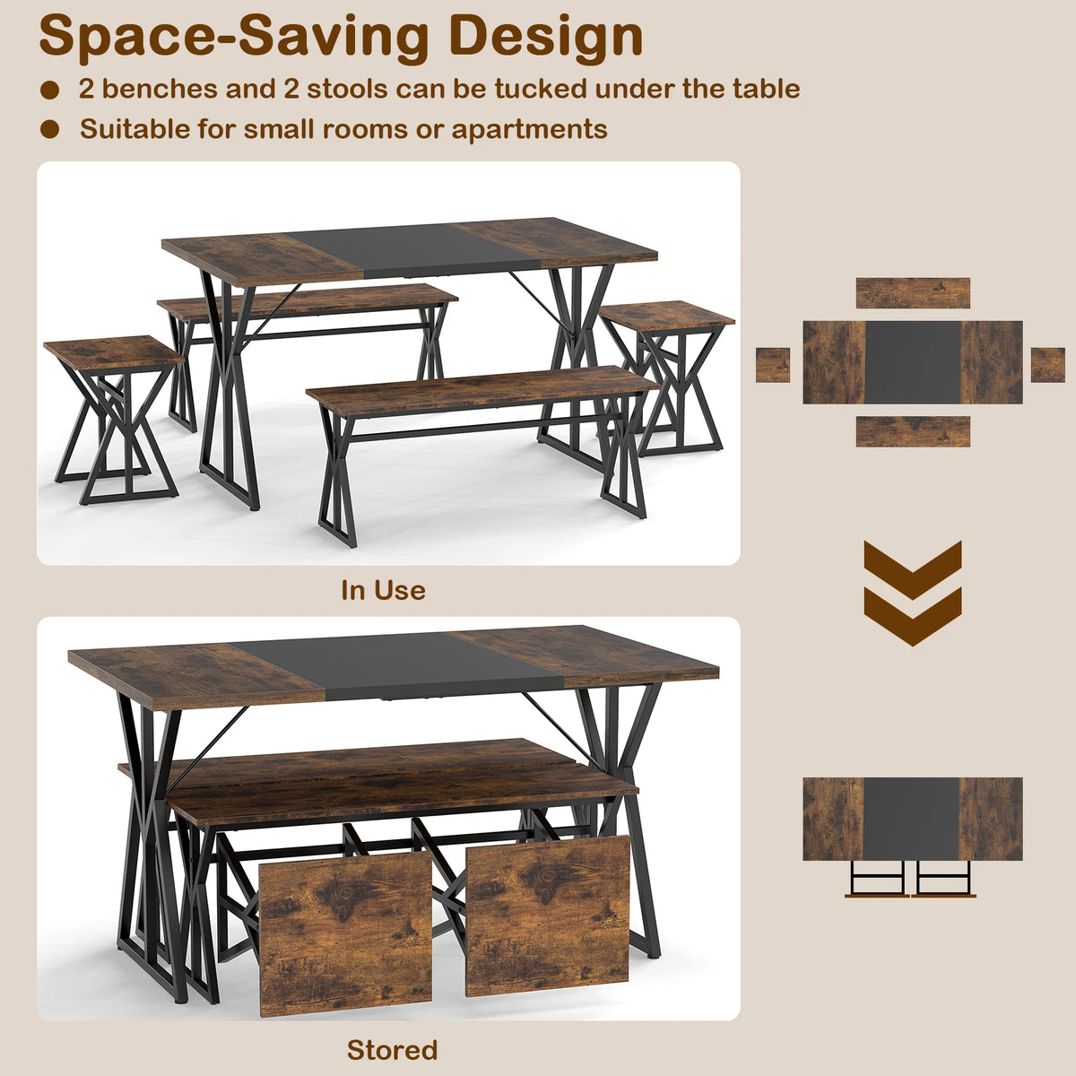Homasis 5 Piece Dining Set with Benches and Stools