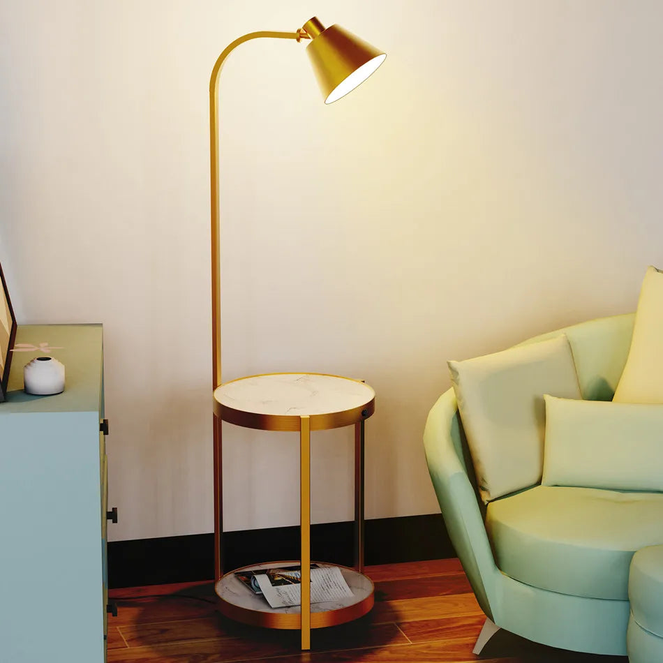 Vrygle Modern Gold 2 Tier Floor Lamp With Storage Table