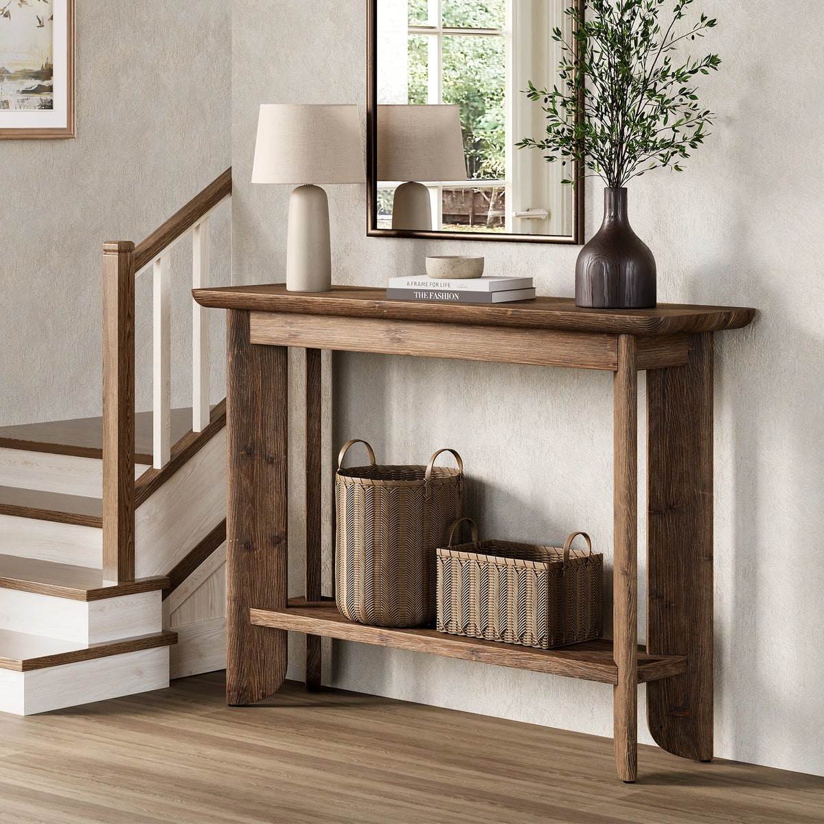 Tribesigns Walnut Solid Wood 2 Tier Console Table